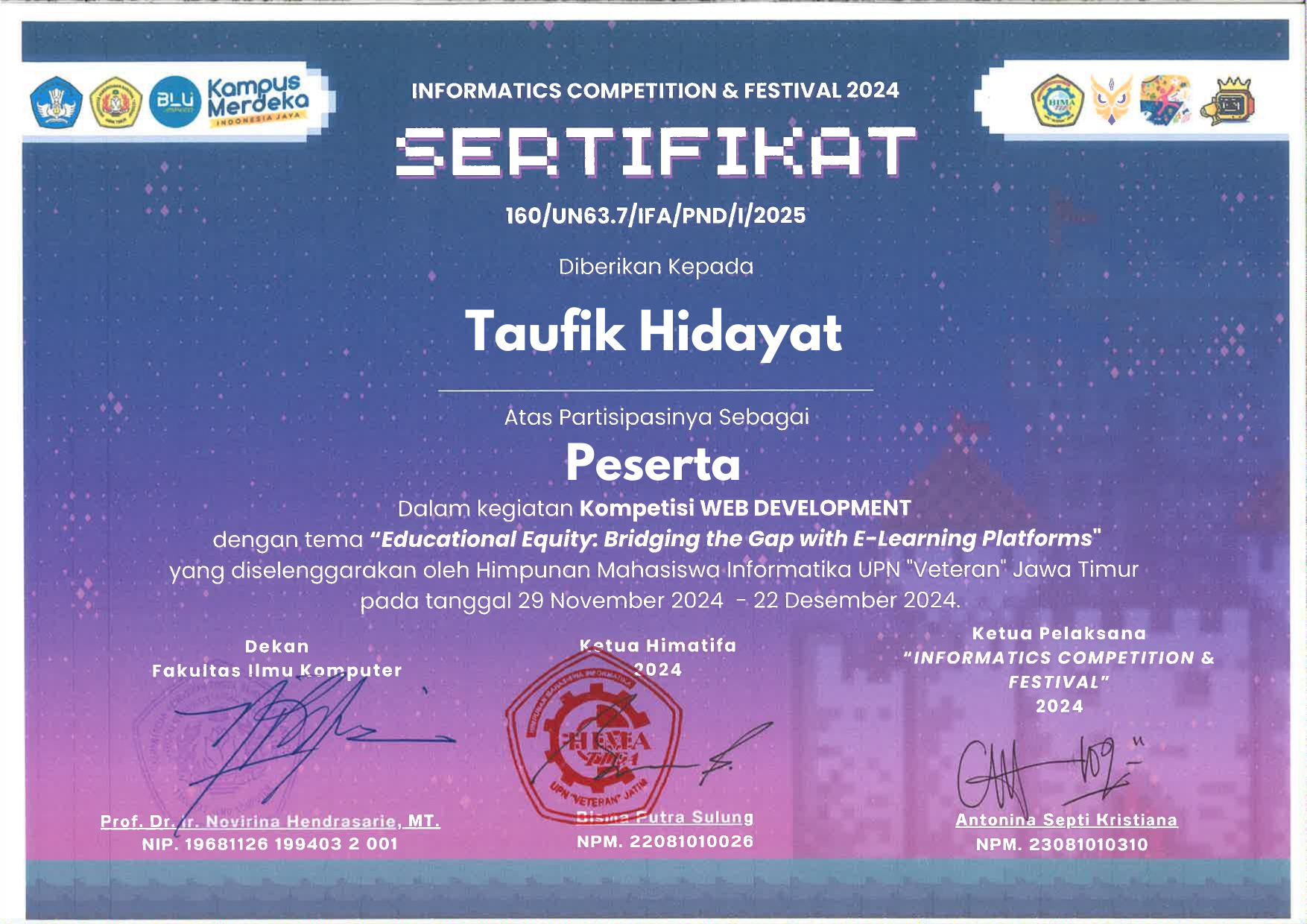 Finalist Web Development at Informatics Competition & Festival 2024 Certificate