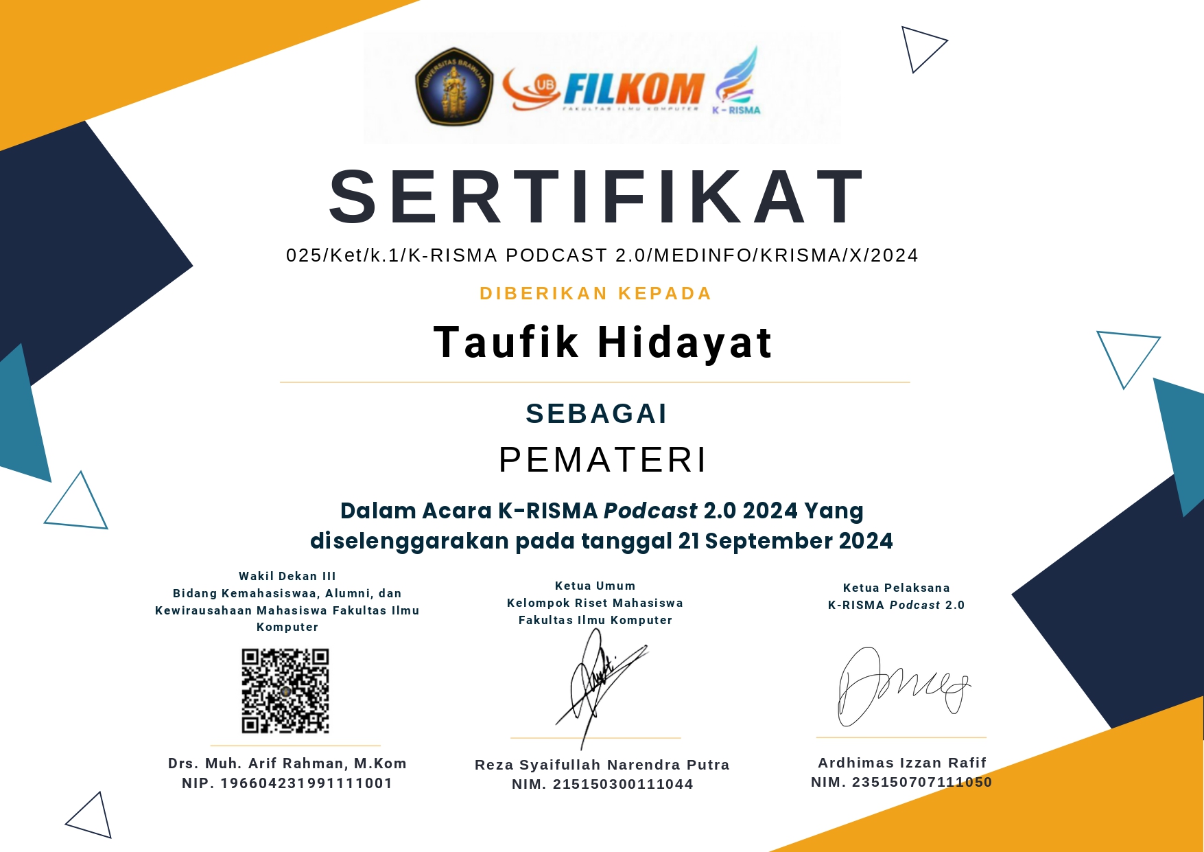 Speaker at K-RISMA Podcast 2.0 2024 Certificate