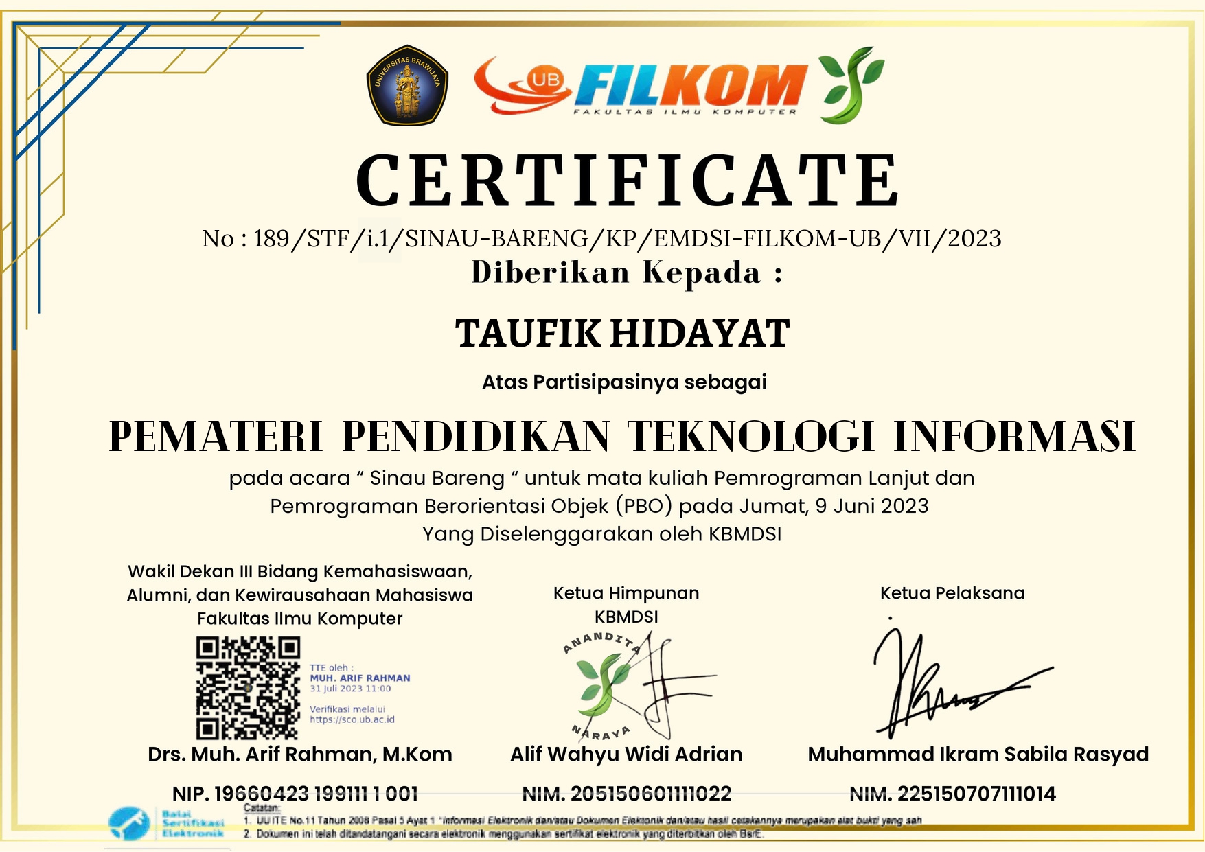 Speaker at Sinau Bareng Certificate