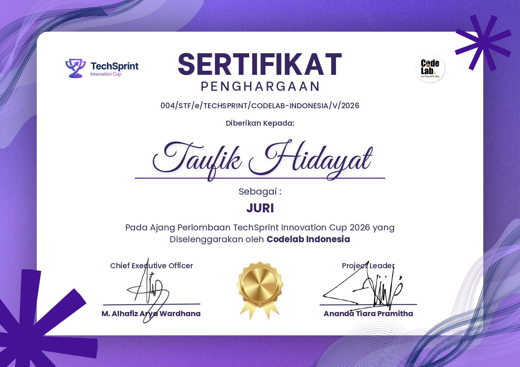 Web Development Judge at TechSprint Innovation Cup 2026 Certificate